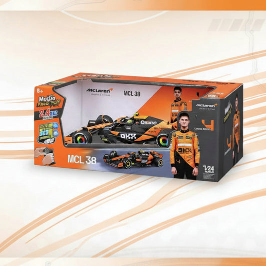 McLaren toy race car set in packaging with driver figure