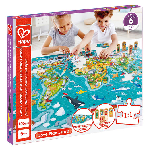 Best toy shop in Qatar – Hape 2 in 1 World Tour Atlas Wooden Puzzle And Board Game with 100 pieces and wooden characters, available to buy kids toys online in Qatar from the best online toy shop with toy delivery service in Qatar