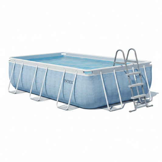 An Intex above-ground rectangular swimming pool with a white frame and light blue liner, shown on a plain white background.