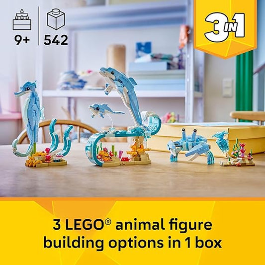 LEGO Creator 3-in-1 Dolphins, Seahorse & Crab Sea Animal Building Set 31385 for Kids Age 8+
