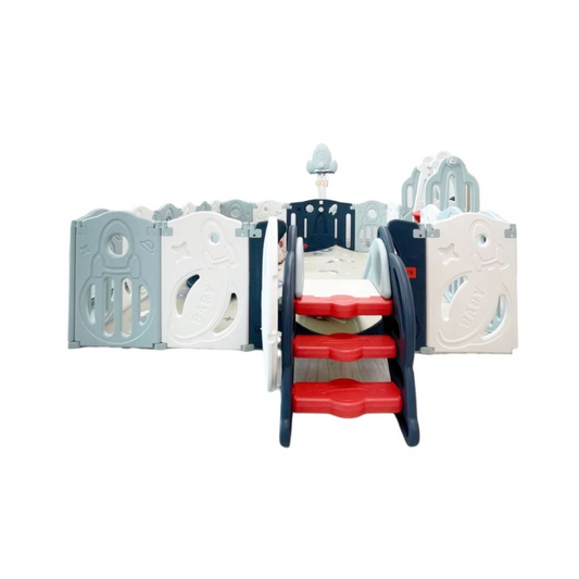 Playpen - Slide + Swing + Rocking Horse + Ball Pit + 100 Pcs 5.5cm Balls + Mat + Basketball Hoop + Drawing Board + Chair