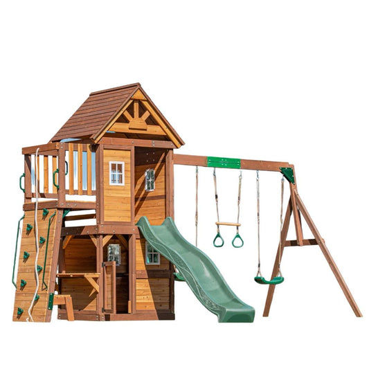 Mount Peak - Kazbek Swing Set And 2 Level Playhouse With Wooden Roof