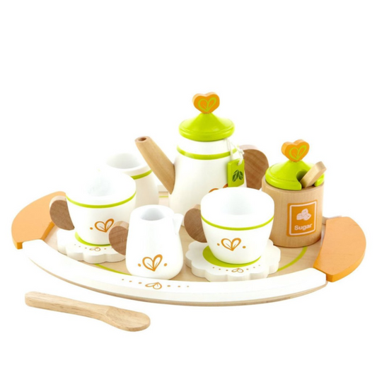 Hape Tea Set For Two wooden pretend play toy for kids – eco-friendly role play tea party set with cups, teapot, and tray, available at the best online toy shop in Qatar with fast toy delivery service.