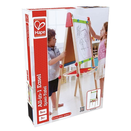 Best toy shop in Qatar – box image of Hape All-in-1 Easel art station showing features like paint cups, paper roll, and adjustable height, available to buy kids toys online in Qatar from the best online toy shop with toy delivery service in Qatar