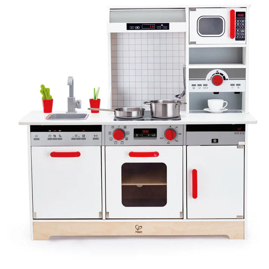 Best toy shop in Qatar – Hape All In 1 Kitchen wooden pretend play cooking set with fridge, stove, and utensils, available to buy kids toys online in Qatar from the best online toy shop with toy delivery service in Qatar