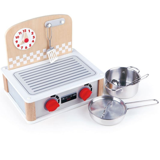 Best toy shop in Qatar – Hape 2 In 1 Kitchen & Grill Set with hotplates, grill, utensils, and modern kitchen design, available to buy kids toys online in Qatar from the best online toy shop with toy delivery service in Qatar.