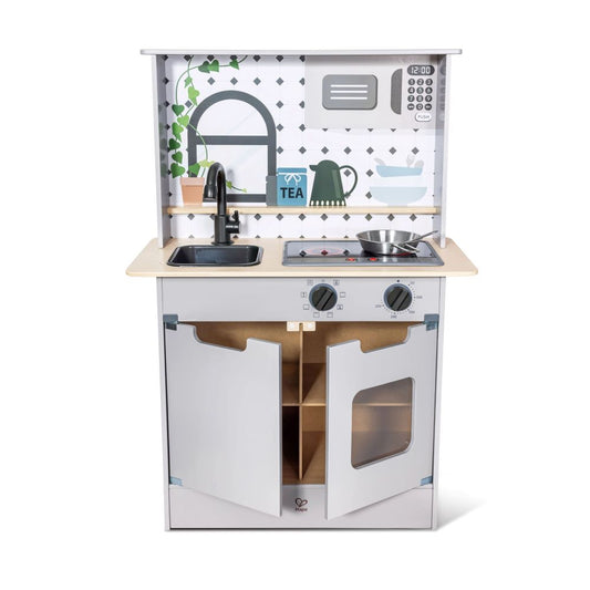 Best toy shop in Qatar ,product view of Hape Light & Sound Kitchen Playset with Accessories (Grey), available to buy kids toys online in Qatar from the best online toy shop with toy delivery service.