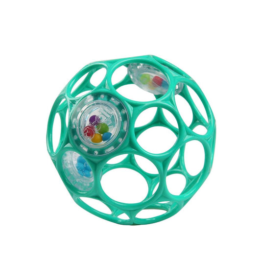 Close-up of Bright Starts Oball Easy-Grasp Rattle Teal – colorful lightweight rattle toy for crawling babies – best toy shop in Qatar, best online toy shop in Qatar