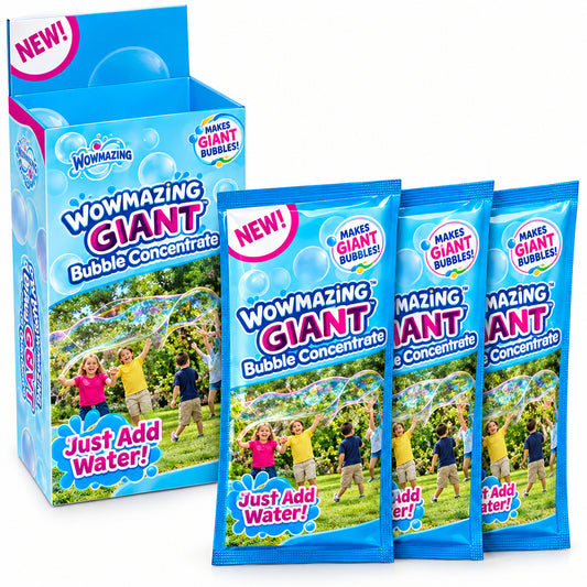 Woolfies Wowamazing Giant Bubble Concentrate packaging with four packets and a box on a white background.