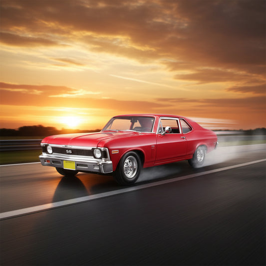 Red classic car on a white background