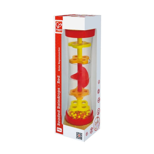 box image of Hape Beaded Raindrops Red showing colorful packaging and safety features, perfect to buy kids toys online in Qatar from the best online toy shop with toy delivery service in Qatar