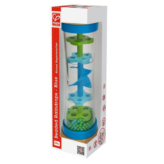box image of Hape Beaded Raindrops Blue showing eco-friendly design, perfect for sensory play and available to buy kids toys online in Qatar from the best online toy shop with toy delivery service in Qatar.
