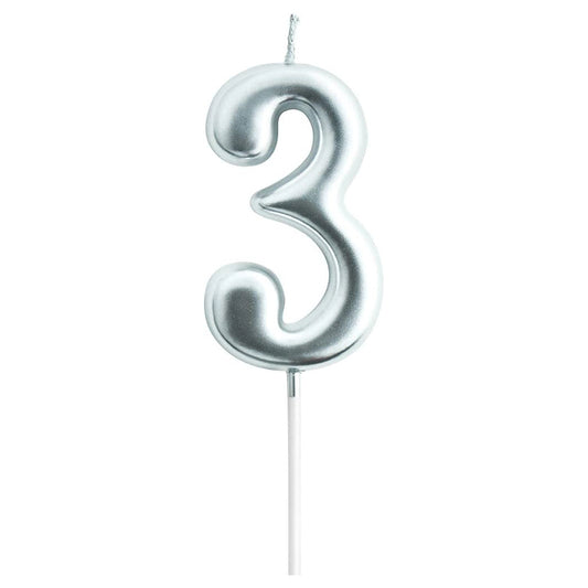 Party Time - 1 Piece Silver Number Candles Cake Numeral Candles (Number 3)