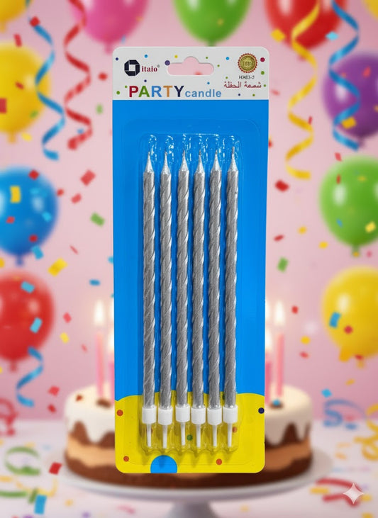 PARTY PENCIL CANDLE SILVER 6 PCS