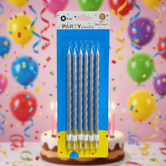 PARTY PENCIL CANDLE SILVER 6 PCS