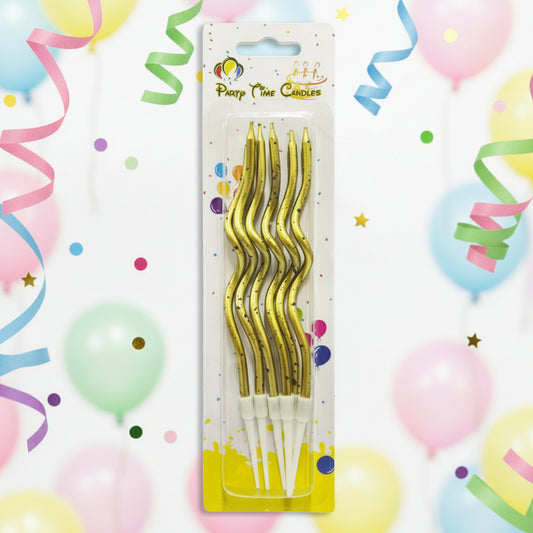 Curly Spiral Birthday Candles, Gold 6.Pc (Black Dotted)