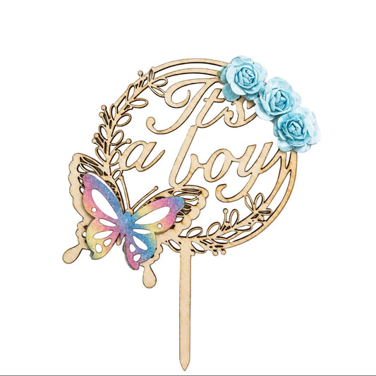 Wooden Cake Topper with Butterfly & Blue Flowers (It’s a Boy )