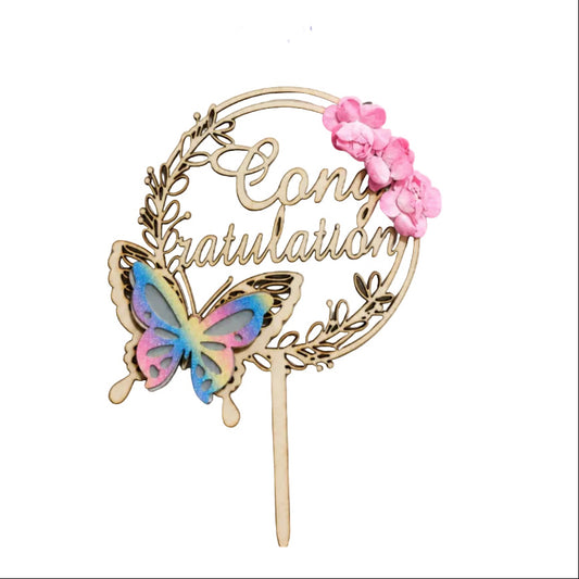Wooden Cake Topper with Butterfly & Flowers (Congratulation)