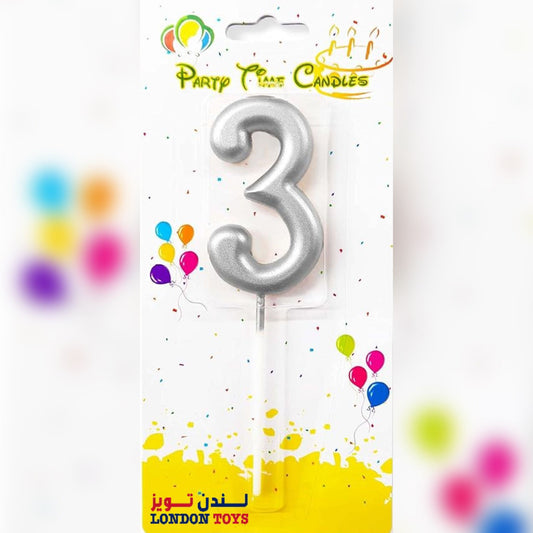 Party Metallic Number Candle – Silver "3"
