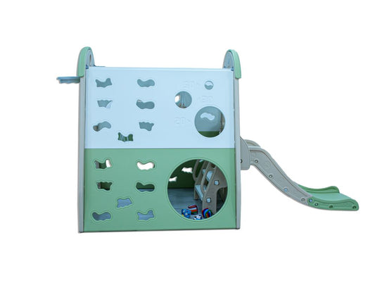 Little Toddler Playhouse with Swing, Slide, Rings, Basketball Hoop with Climbing Frame in White, Beige and Light Mint Green