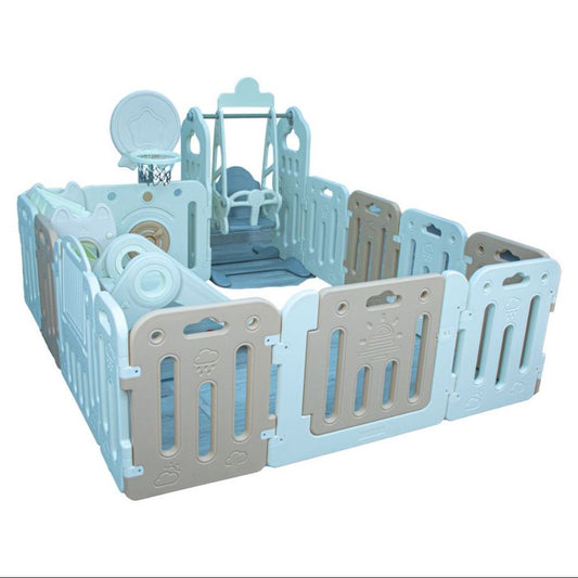 Little Toddler Playpen with Basketball Hoop, Slide, Swing and Cabinet, White - Beige