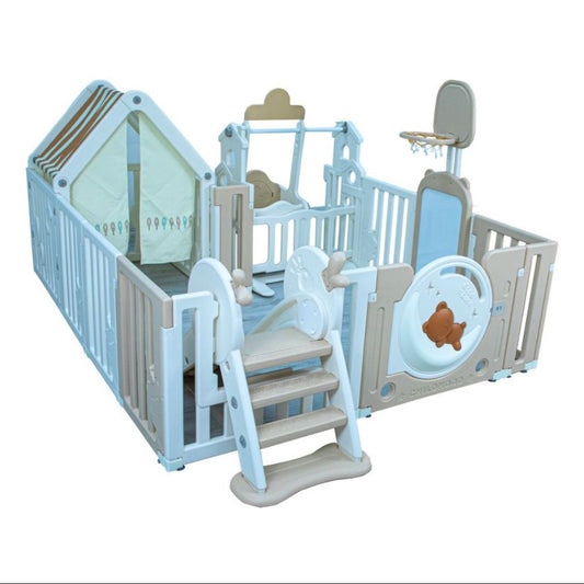 Little Toddler Bear Moon Playpen (No Mat), Drawing Board, Basketball Hoop, Small House, Swing, Slide, White - Beige