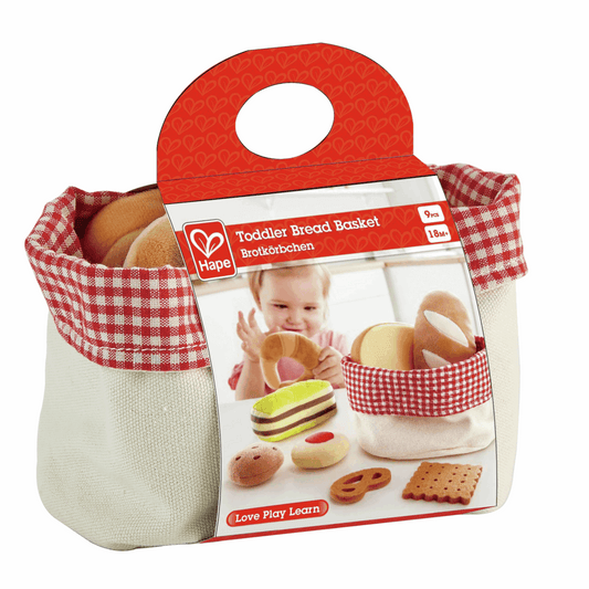 Hape Toddler Bread Basket toy set with soft felt baked goods in a woven basket, perfect for imaginative play.