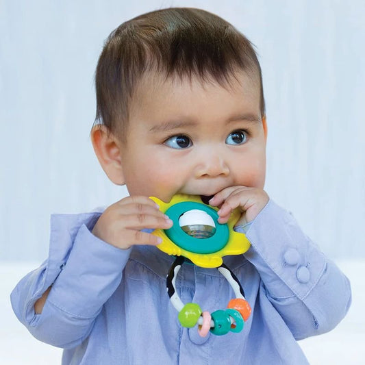Infantino teether for babies with colorful silicone beads and easy-to-grip handle for soothing gums