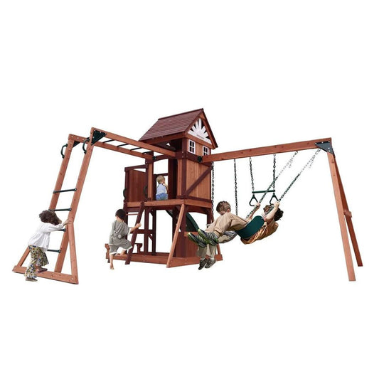 kids outdoor playhouse Qatar-Wooden playset with a swing and ladder on a white background