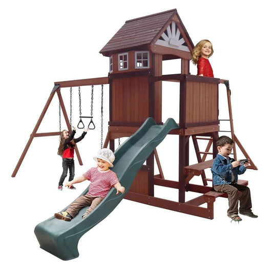 kids outdoor playhouse Qatar -Children playing on a wooden playset with a slide and swings.