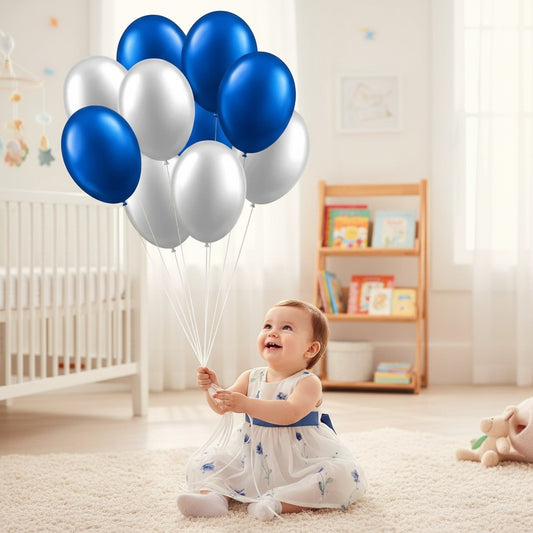 London Toys Blue & Silver Helium Balloon Combo Pack - 10 metallic foil balloons, 5 blue, 5 silver, pre-filled and ready to float.