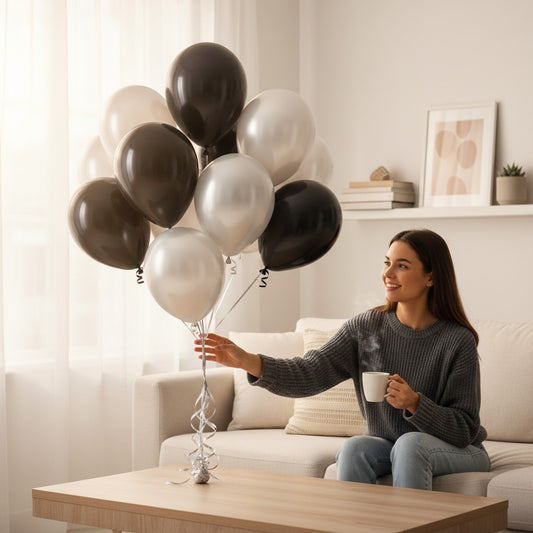 London Toys Metallic Black & White Helium Balloon Combo Pack - 10 premium foil balloons, pre-filled & ready to float.