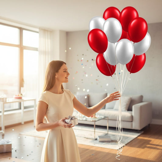 London Toys metallic red and white helium foil balloons, 10 pieces, pre-filled and ready to float.