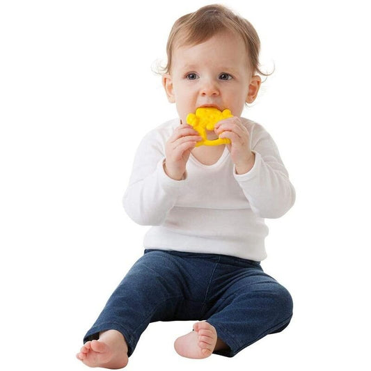 Baby playing with Jerry Giraffe teething toy in bright yellow, designed for soothing gums