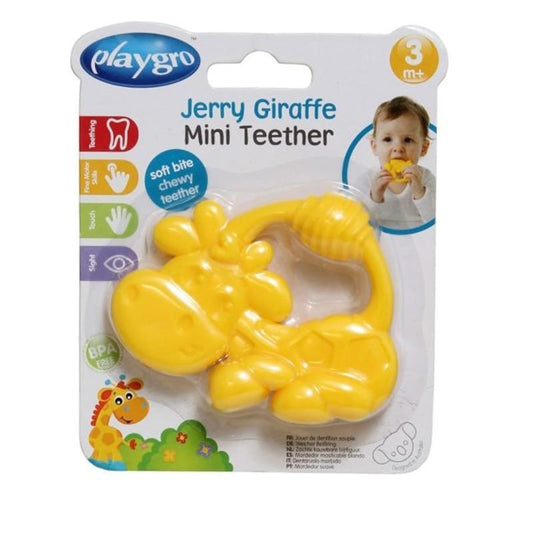 Playgro Jerry Giraffe teething toy in yellow, designed for babies aged 3 months and up