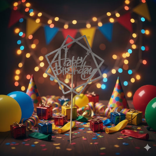 Happy Birthday Cake topper Silver (4 PCS)