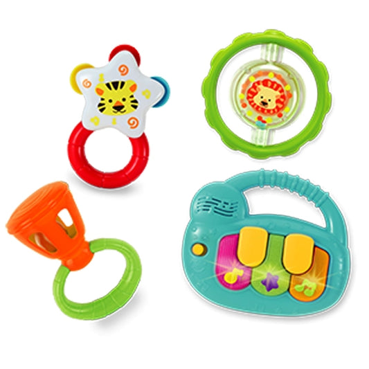 Winfun Rattle Music Set featuring colorful rattles and a toy keyboard for sensory play