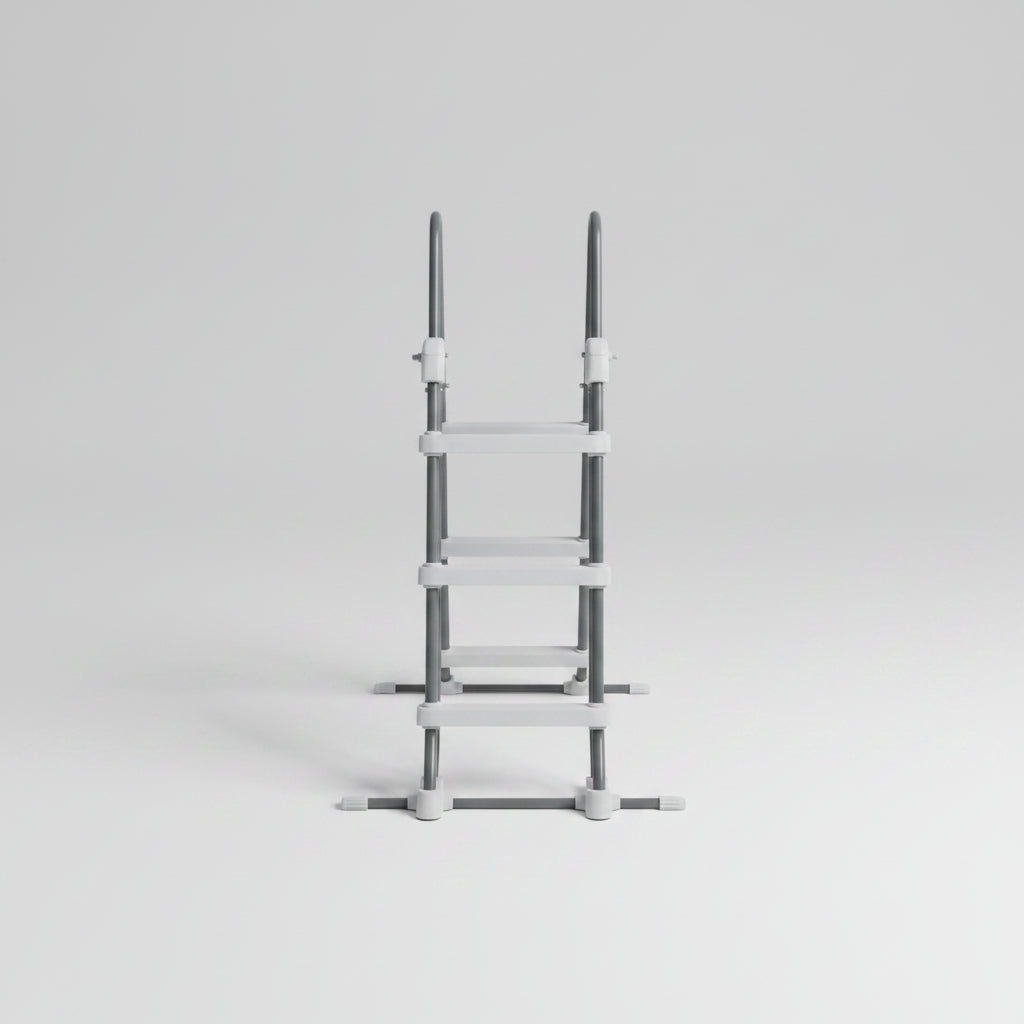 A gray and white metal pool ladder with four rungs and safety handrails, shown on a plain white background.