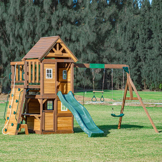 Mount Peak - Kazbek Swing Set And 2 Level Playhouse With Wooden Roof