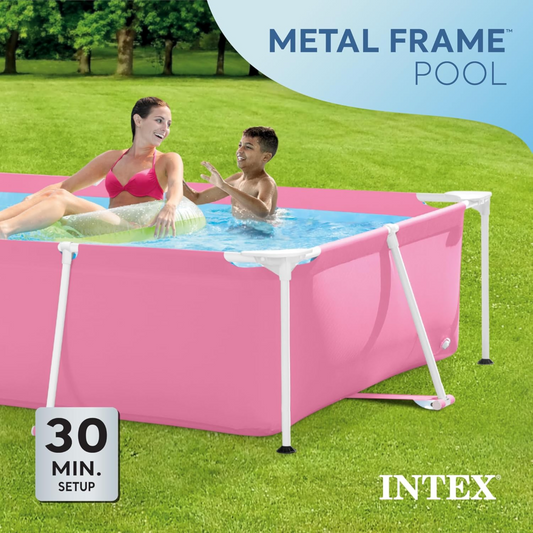 INTEX Rectangular Pink Metal Frame Above Ground Swimming Pool Ages 6+ (2.2m x 1.5m x 60cm)