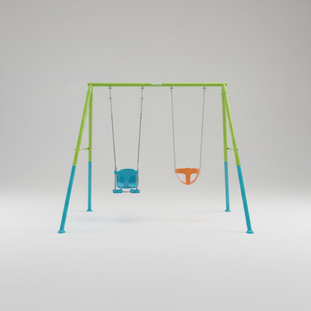 Intex two-swing playground set with a toddler swing, a regular swing, and a bicycle swing, featuring a green and blue frame on a white background.