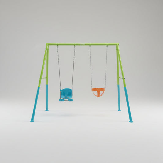 Intex two-swing playground set with a toddler swing, a regular swing, and a bicycle swing, featuring a green and blue frame on a white background.