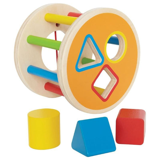 Best toy shop in Qatar – close-up of wooden shapes and rolling wheel of Hape 1-2-3 Shape Sorter, available from the best online toy shop in Qatar with toy delivery service in Qatar.