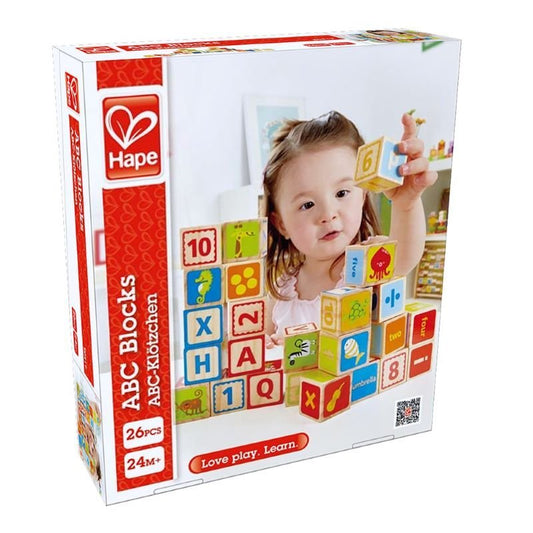 Best toy shop in Qatar – box image of Hape ABC Blocks wooden educational toy, available to buy kids toys online in Qatar from the best online toy shop with toy delivery service in Qatar