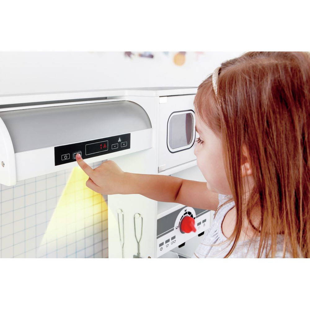 Best toy shop in Qatar – Hape All In 1 Kitchen showing chalkboard, microwave, and light-up range hood, buy kids toys online in Qatar from the best online toy shop with fast toy delivery service in Qatar.