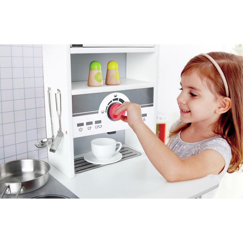 Hape All In 1 Kitchen wooden pretend play cooking set with fridge, stove, and utensils, available to buy kids toys online in Qatar
