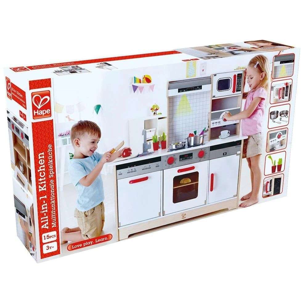 Best toy shop in Qatar – box image of Hape All In 1 Kitchen showing all pretend play features, available to buy kids toys online in Qatar from the best online toy shop with toy delivery service in Qatar.