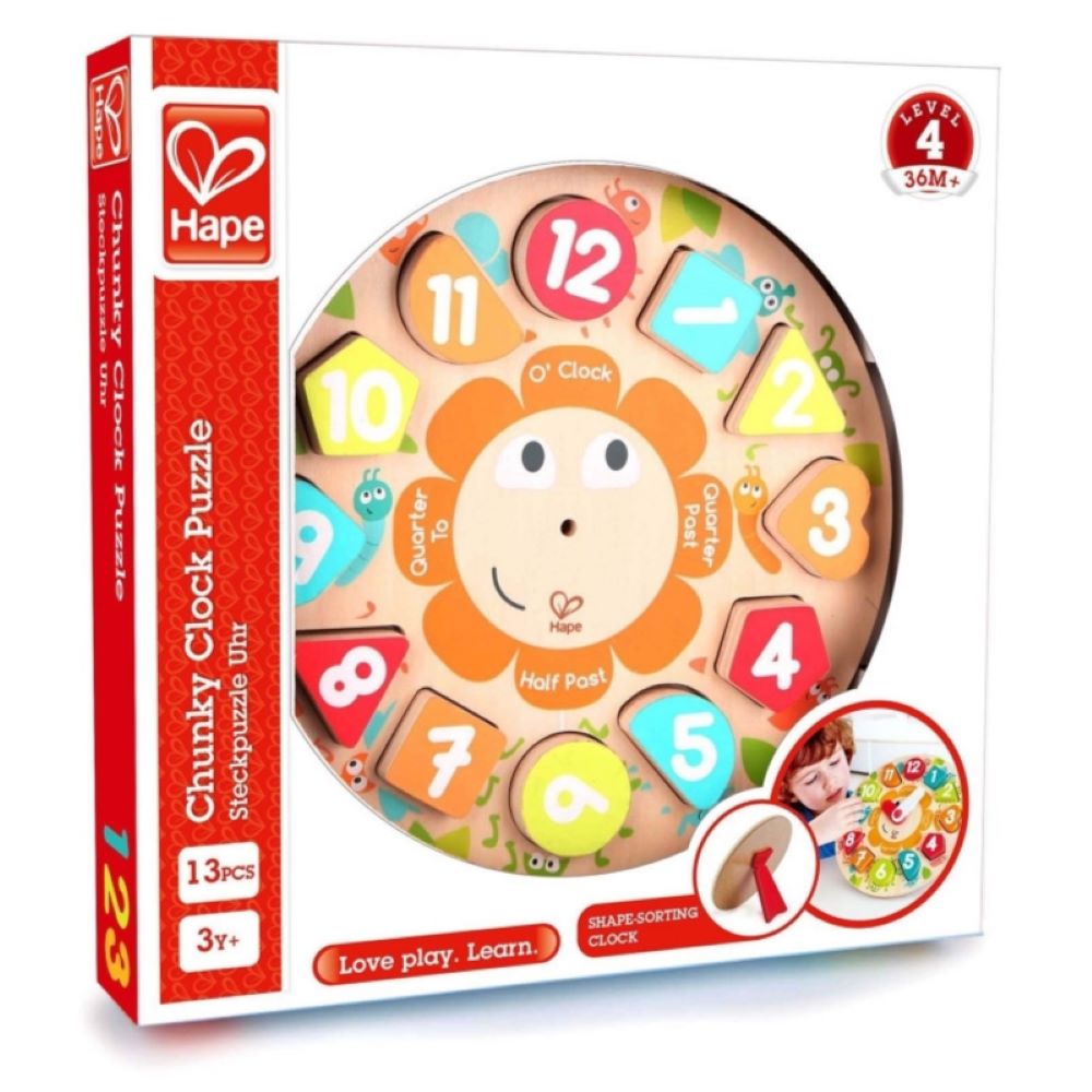 Best toy shop in Qatar – box image of Hape Chunky Clock Puzzle showing packaging and contents, buy kids toys online in Qatar from the best online toy shop with delivery service.