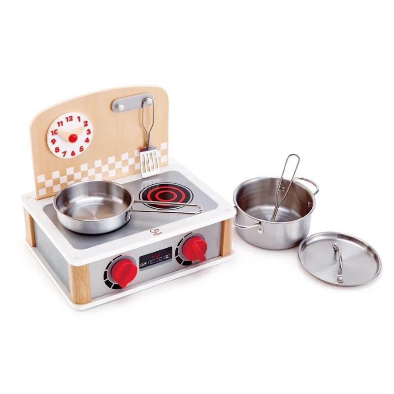 Best toy shop in Qatar – Hape 2 In 1 Kitchen & Grill Set with spoon, spatula, pot, and adjustable clock, great for role-play and available from the best toy shop in Qatar with fast toy delivery service.