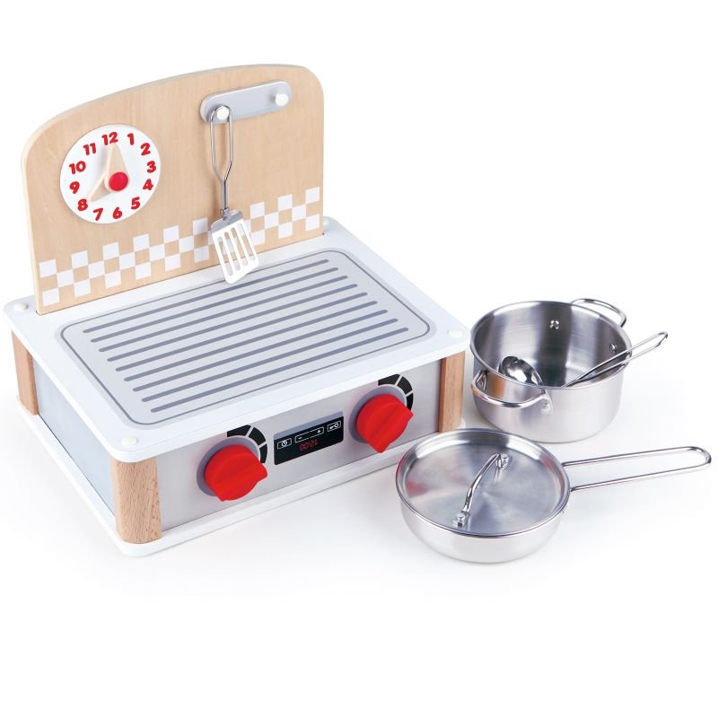 Best toy shop in Qatar – Hape 2 In 1 Kitchen & Grill Set with hotplates, grill, utensils, and modern kitchen design, available to buy kids toys online in Qatar from the best online toy shop with toy delivery service in Qatar.